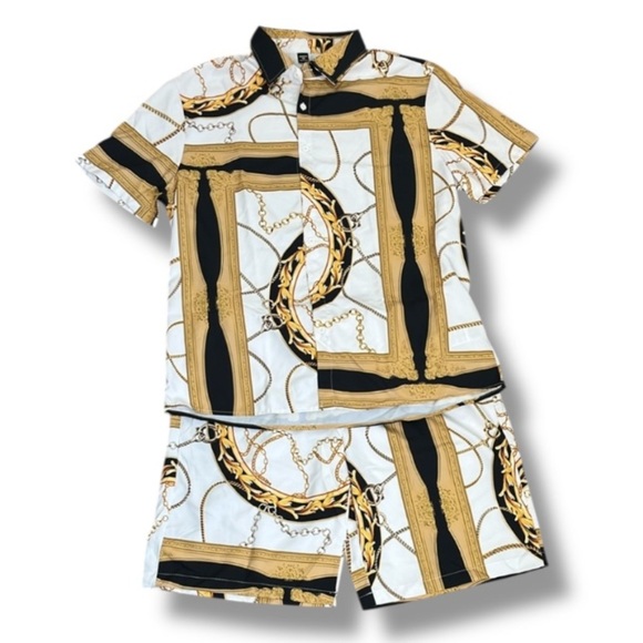 Shein Men's Manfinity Chain Print Shirt & Short Set Size XXL Resortwear Vacation - Picture 1 of 16